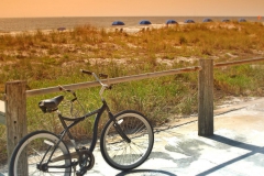 Bike leaning against pole with sea oats and Atlantic Ocean in back