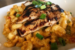 Grilled chicken breast over macaroni and cheese topped with scallions